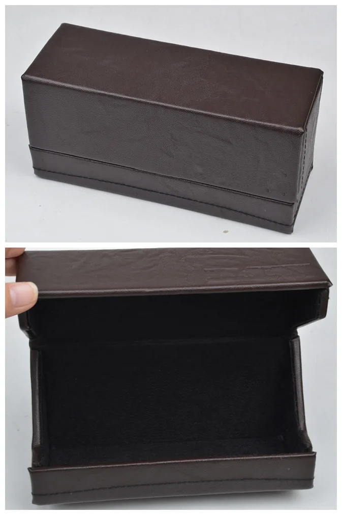 Caja rígida marrón para gafas, referencia abierta y cerrada